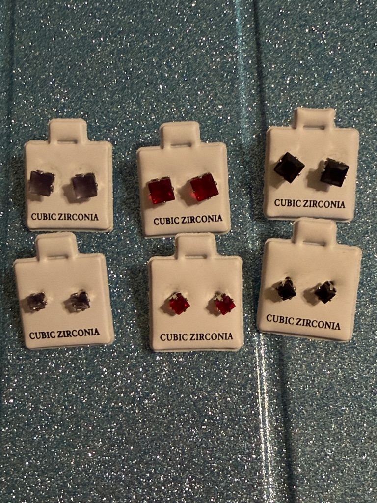6 Pieces 925 Cubic Zirconia Stud Earrings - Red & Black Purple